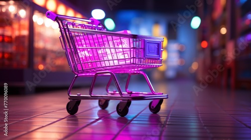 a shopping cart in a purple and pink lit room photo