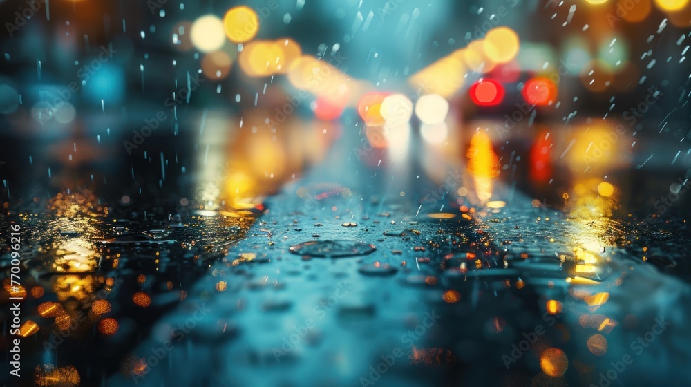 Rainy wet empty road night in the big city with blur background. AI generated image