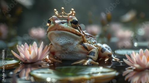a whimsical world where a frog reigns on a lily pad, ideal for children's fantasy books and enchanting decor displays.