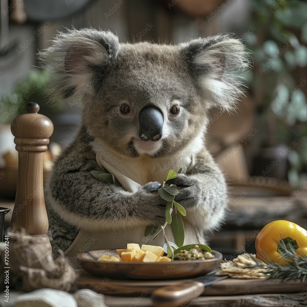 Obraz premium A whimsical koala donning a chef's apron in a kitchen setting, perfect for culinary school ads and showcasing gourmet food products.