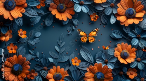 A modern illustration of a butterfly with half blue flowers in a bouquet with the slogan "Grow at your own pace"