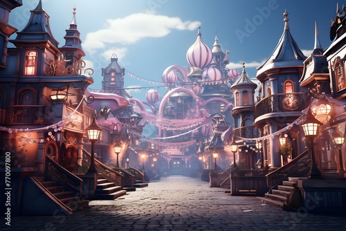 3D illustration of a fairy tale city at night with lanterns