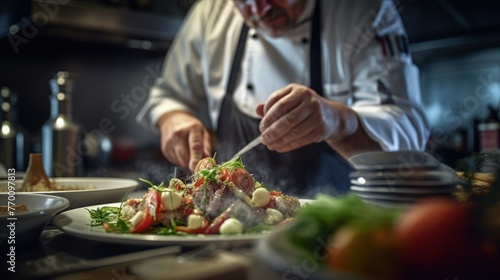 Mid section of chef preparing food in the kitchen of a restaurant