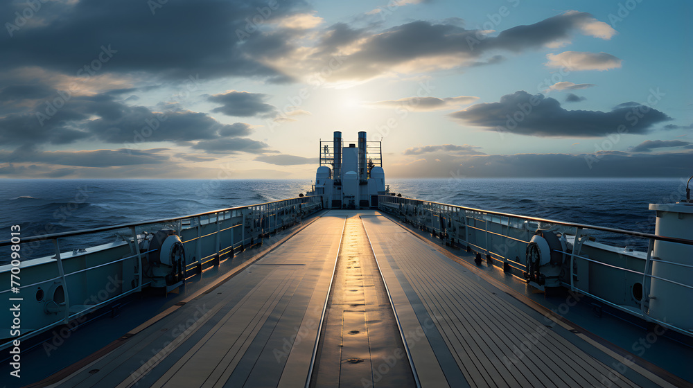 modern warship, view from the bridge deck towards the horizon, photo realistic, cinematic, low angle, wide shot, dramatic lighting, blue hour