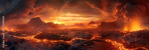 Dramatic Fiery Mountain Landscape with Magma River and Volcanic Eruption in a Chaotic Sky