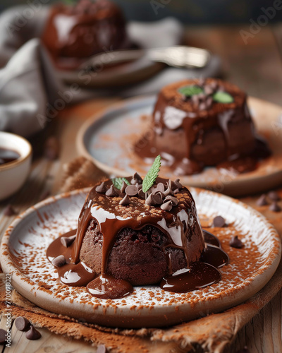 Chocolate souffles with melted dressing, crumbs and mint leaves on a white plates. Still life 
