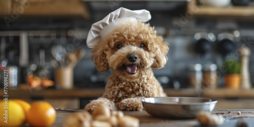 An elegant and skilled poodle in a chef hat, perfect for showcasing gourmet food and high-end kitchen appliances against a kitchen backdrop.