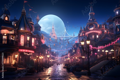Amusement park at night with full moon. 3d rendering