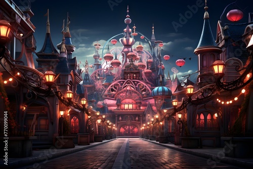 3D illustration of a fantasy fairytale castle at night.
