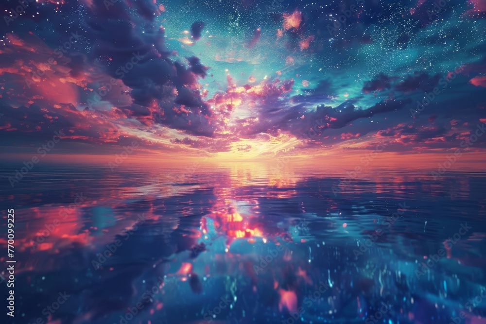 Captivating digital artwork where a surreal sunset meets sparkling stars reflected on a tranquil ocean surface