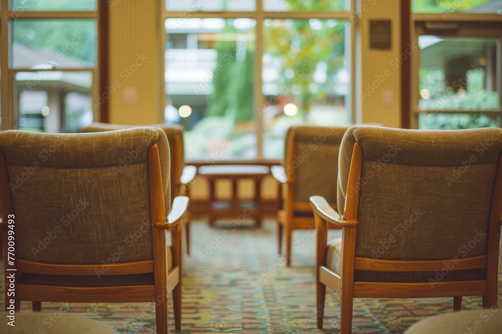 The focus is on the texture of the armchairs in a softly-lit atrium with a view of the greenery outside The focus is on the texture of the armchairs in a softly-lit atrium with a view of the greenery outside