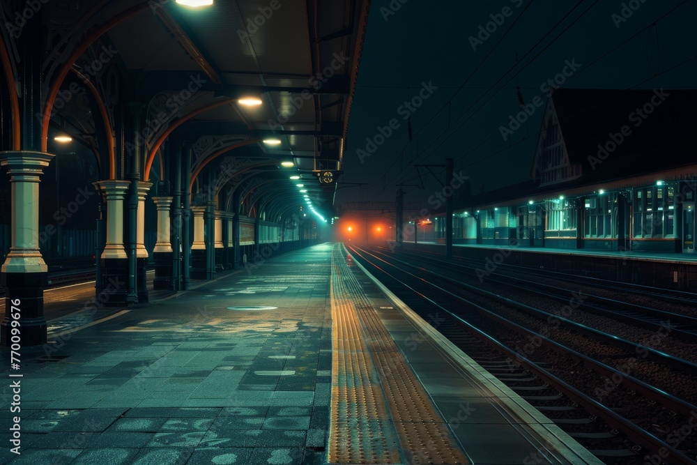 An atmospheric night shot of a deserted historic train platform with a train approaching An atmospheric night shot of a deserted historic train platform with a train approaching