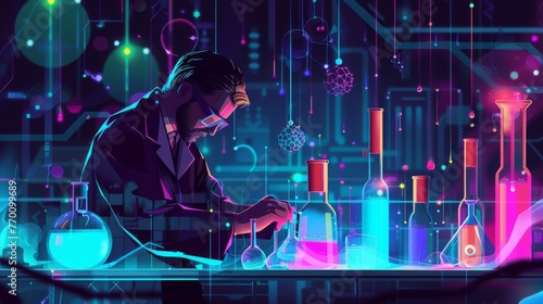 A portrait of a male scientist working in a cyberpunk lab