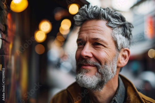 Portrait of a senior man with gray hair and beard in the city.