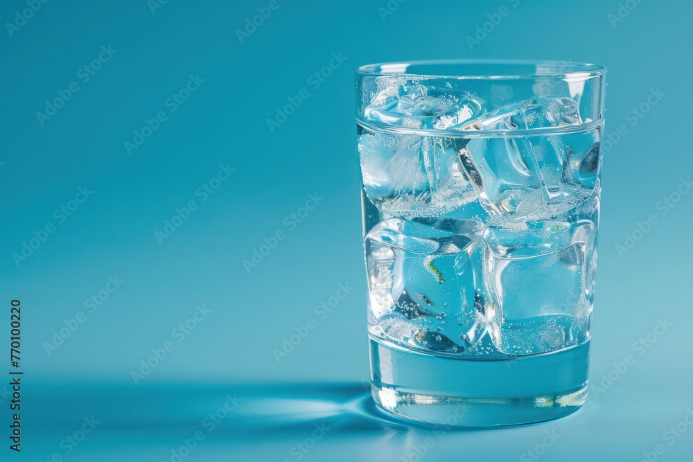 Refreshing Glass of Water With Ice Cubes on Blue Background Refreshing Glass of Water With Ice Cubes on Blue Background