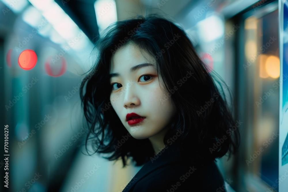 Striking portrait of a woman with a modern look and ambient background lights in a subway Striking portrait of a woman with a modern look and ambient background lights in a subway
