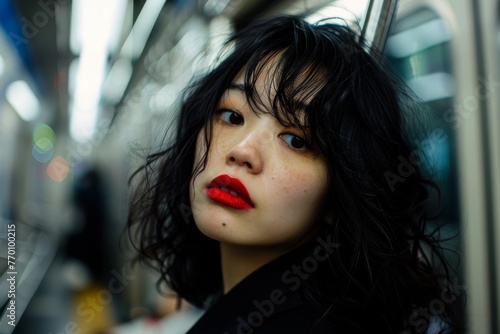 A young woman's evocative gaze stands out in this artistic portrait set against the gritty background of a subway car © ChaoticMind