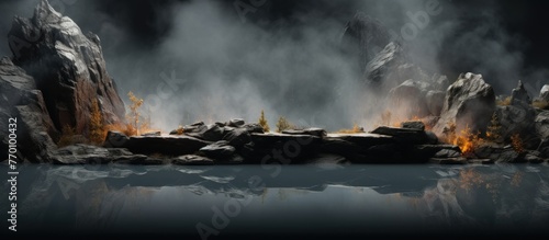 Dark background with natural granite stones podium on water and smoke