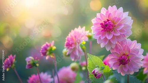 Beautiful pink dahlia flowers in nature close-up on green background. © Ziyan