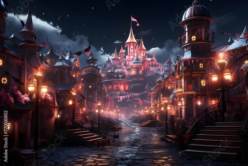3D illustration of a fantasy city at night with a lot of lights