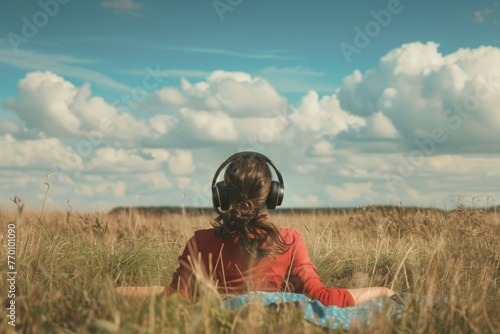 Back view of a woman lying on grass and listening to music with headphones, solitude, and relaxation in nature