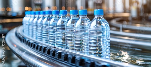 Hygienic bottling of drinking water in plastic bottles at a pristine manufacturing facility photo