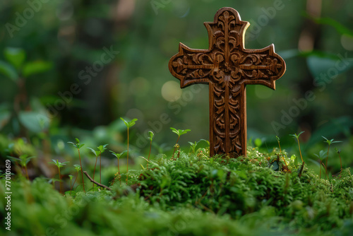 Carved Wooden Cross on Lush Green Field