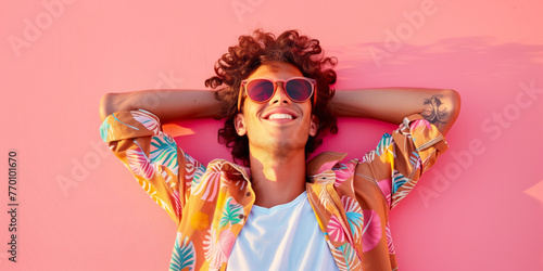 Handsome young man wearing Hawaiian shirt and sunglasses having fun on summer holidays on hot sunny day. Cheerful young lad on bright solid pink background.