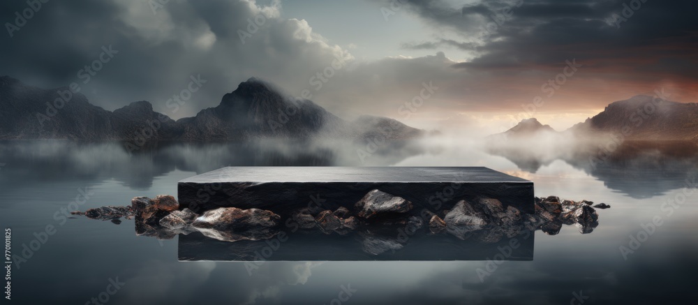 Dark background with natural granite stones podium on water and smoke - obrazy, fototapety, plakaty 