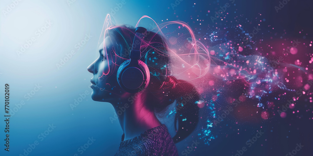Vibrant person with headphones and flowing neon abstract lines portraying a music or audio theme. Person in earphones with abstract red light streams and dots. - obrazy, fototapety, plakaty 