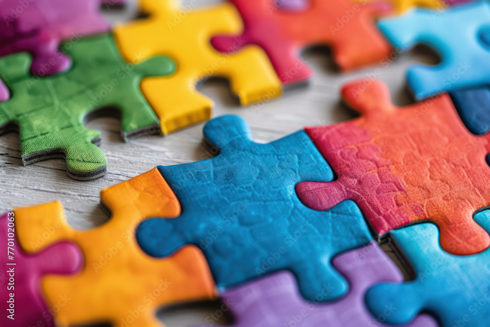 Group of Colorful Puzzle Pieces on Table Group of Colorful Puzzle Pieces on Table