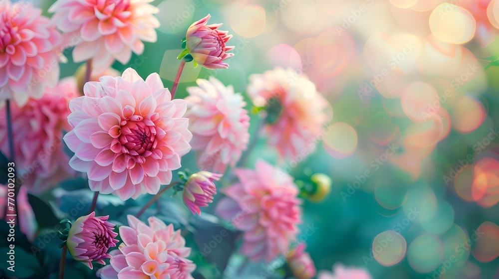 Beautiful pink dahlia flowers in nature close-up on green background. 