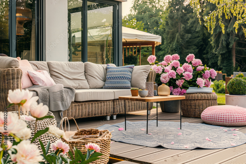 Cozy wooden terrace with rustic wooden furniture, soft colorful pillows and blankets, decorations and peonies bushes. Charming sunny evening in summer garden. - obrazy, fototapety, plakaty 