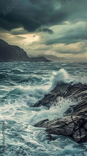 Rocky coastline with crashing waves, twilight, dynamic angle, moody. 
