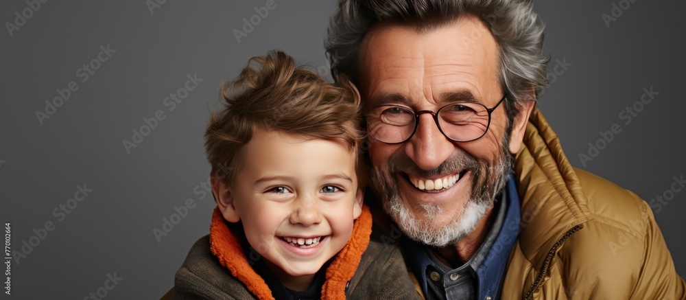 Adult hipster son fun hugging old senior father at home