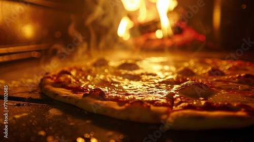 A pizza sits on a pan inside an oven, getting ready to bake.