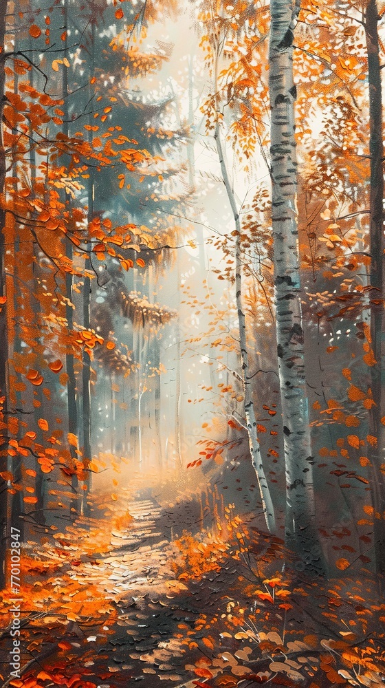 Obraz premium Autumn forest, vibrant foliage, soft sunlight, eye level, oil painting style 