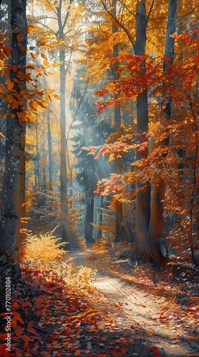 Autumn forest, vibrant foliage, soft sunlight, eye level, oil painting style 