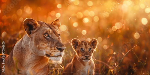 Lioness comforting a cub in a grassland. Wild African animals in evening light.
