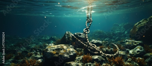 An anchor lies submerged in the ocean's depths