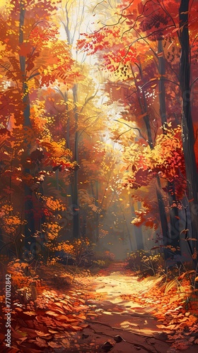 Autumn forest, vibrant foliage, soft sunlight, eye level, oil painting style