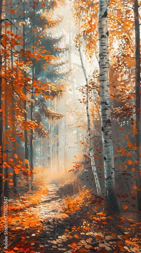 Autumn forest, vibrant foliage, soft sunlight, eye level, oil painting style  © Thanthara