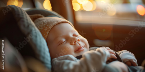 Cute newborn baby sleeping in a car seat. Child safety on a road trip. Traveling by car with kids. photo