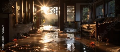Sunlight streams into a flooded room