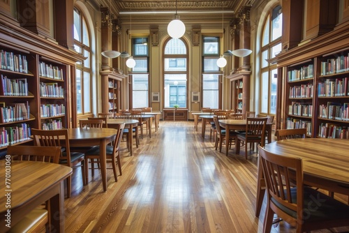 Classic library space with wooden tables, chairs, and bookshelves filled with books