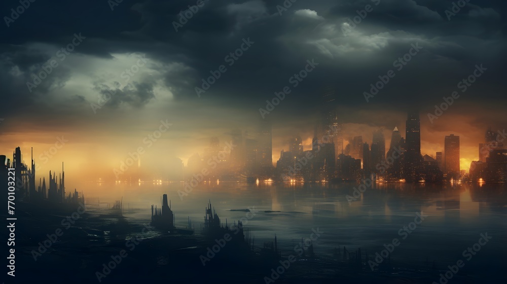 Panoramic view of the city at night with a fog.