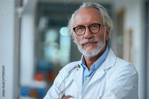 A CONFIDENT MID AGE OLD LAB TECHNICIAN, wearing white lab coat, hands tucked in with glasses WITH BLURRED white LABROTORY BACKGROUND