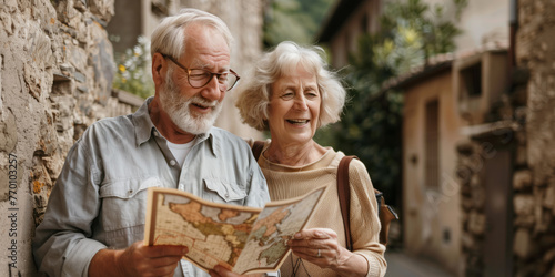 Beautiful senior couple having fun while visiting small Italian town on sunny summer day. Elderly man and woman looking at map on city street. photo