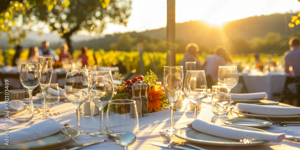 Fototapeta premium Stunning table arrangement for a wedding of festive event against a breathtaking backdrop of vineyards on summer sunset.
