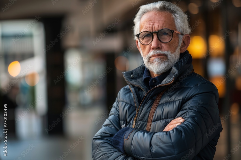 Outdoor portrait of a senior man with arms crossed, wearing a warm blue puffy jacket and glasses Outdoor portrait of a senior man with arms crossed, wearing a warm blue puffy jacket and glasses